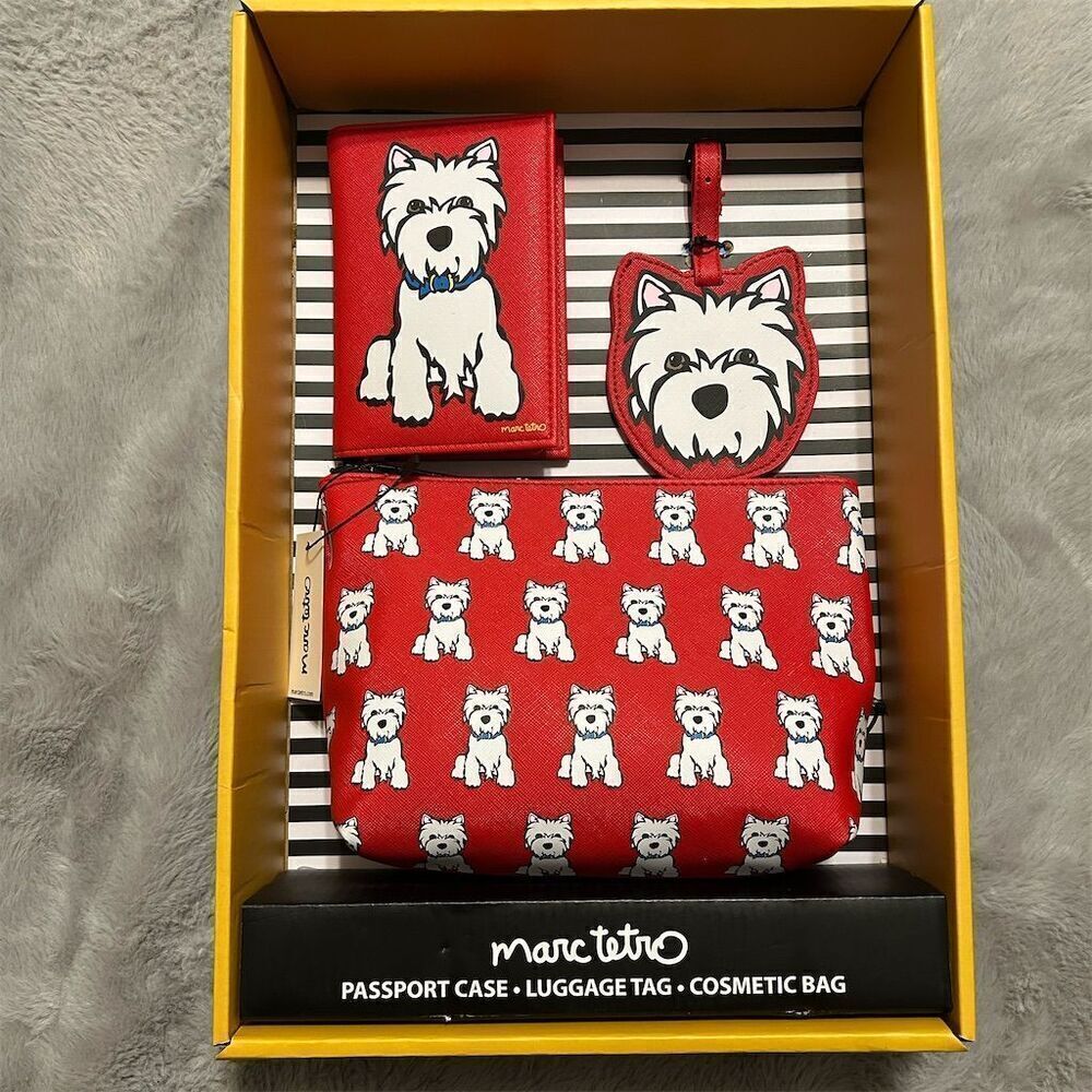 Marc Tetro Westie 3-Piece Travel Set Cosmetic Bag Luggage Tag Case